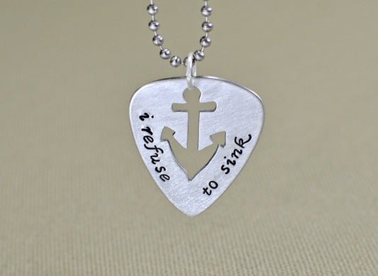 Refuse to sink guitar pick necklace with anchor design