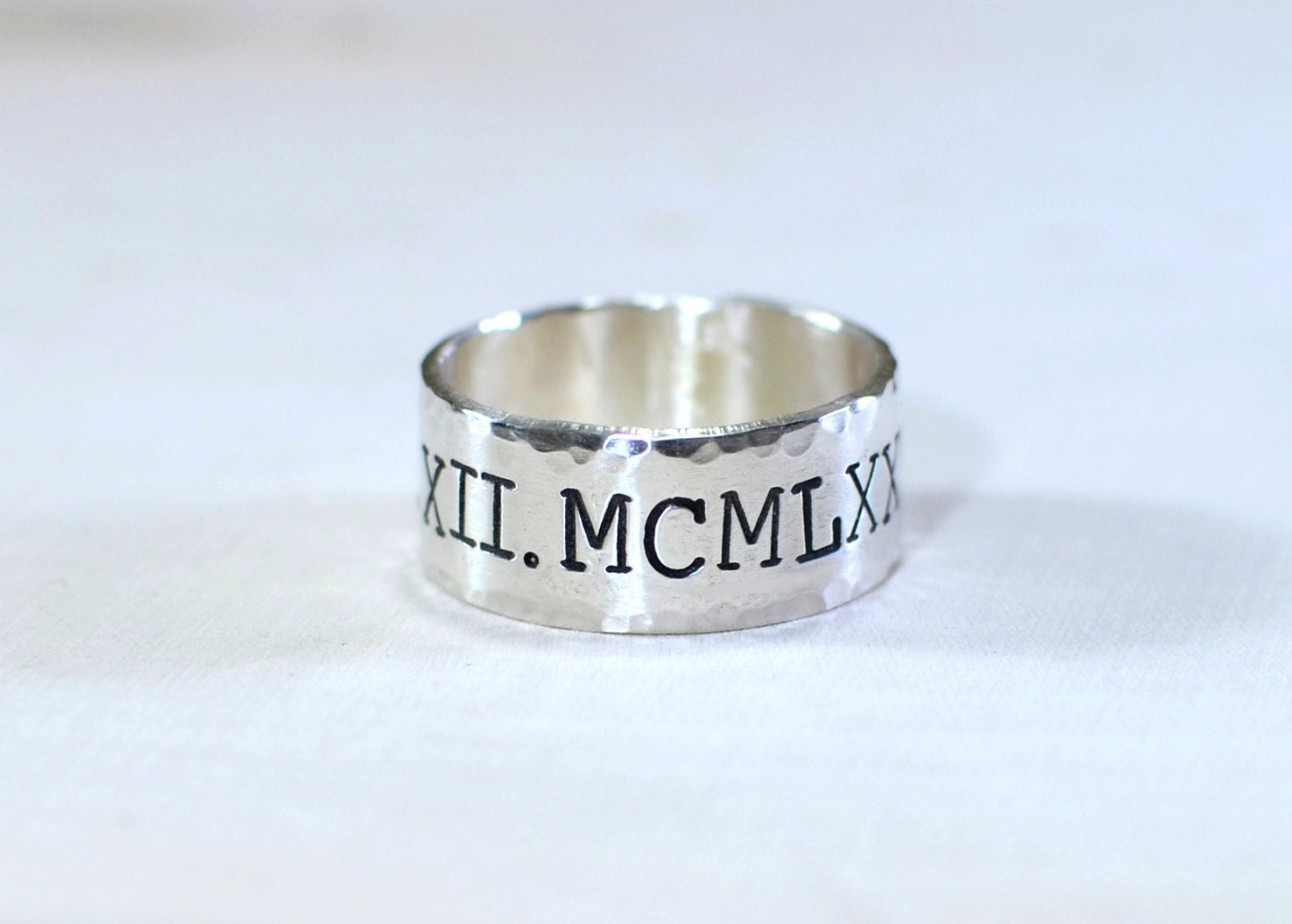 Sterling Silver Roman numeral ring with hammered finish