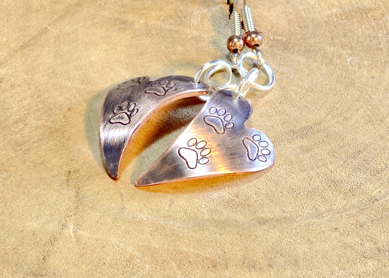 Heart Dangle Copper Earrings with Paws and a Purple Patina