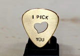 Guitar pick I pick you with signature heart cut out in bronze, NiciArt 