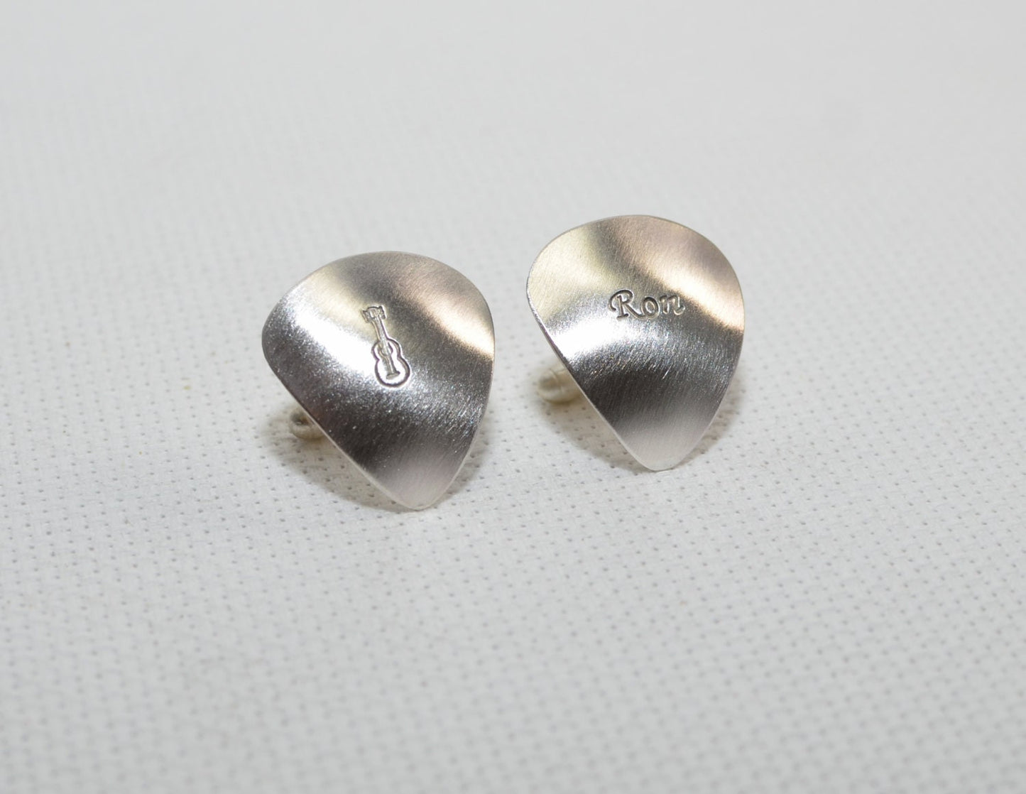 Sterling silver guitar pick cuff links with personalized engravings