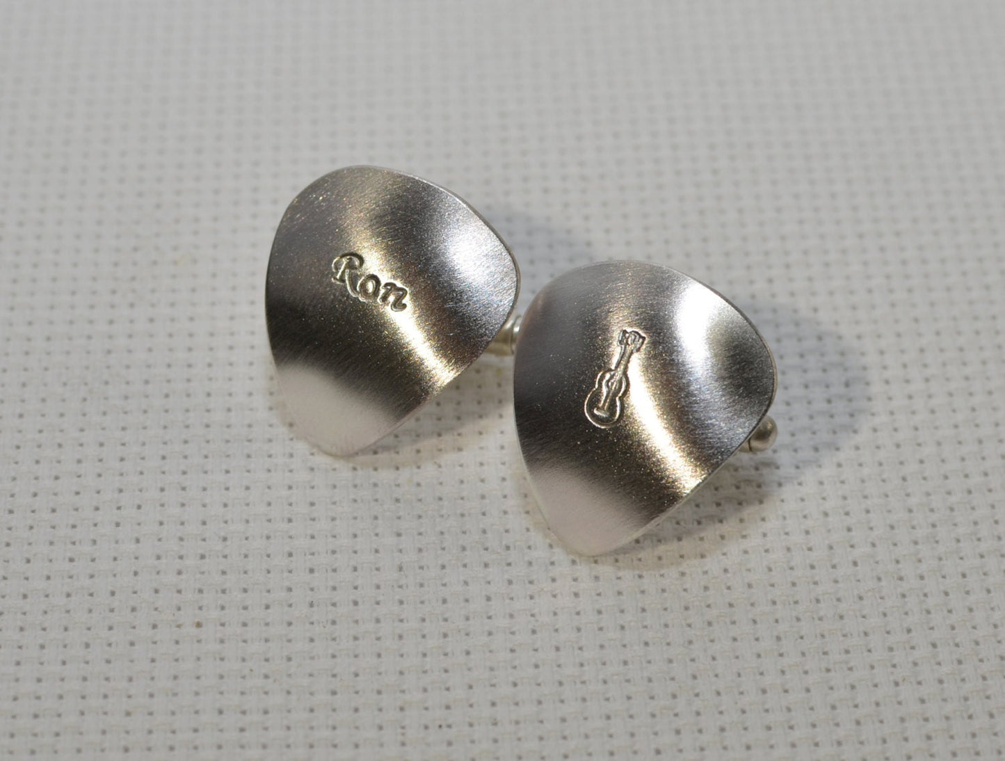 Sterling silver guitar pick cuff links with personalized engravings