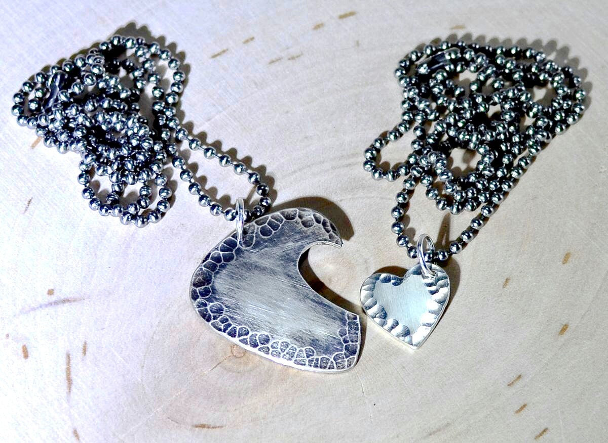 Sterling silver guitar pick and heart couples necklace