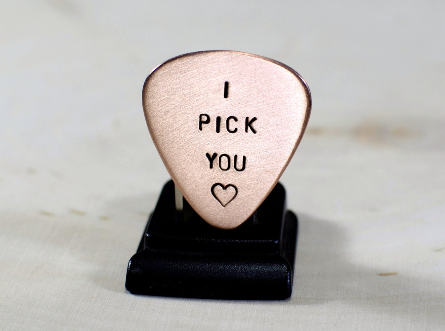 Copper Guitar Pick stamped with I Pick You and Heart Design