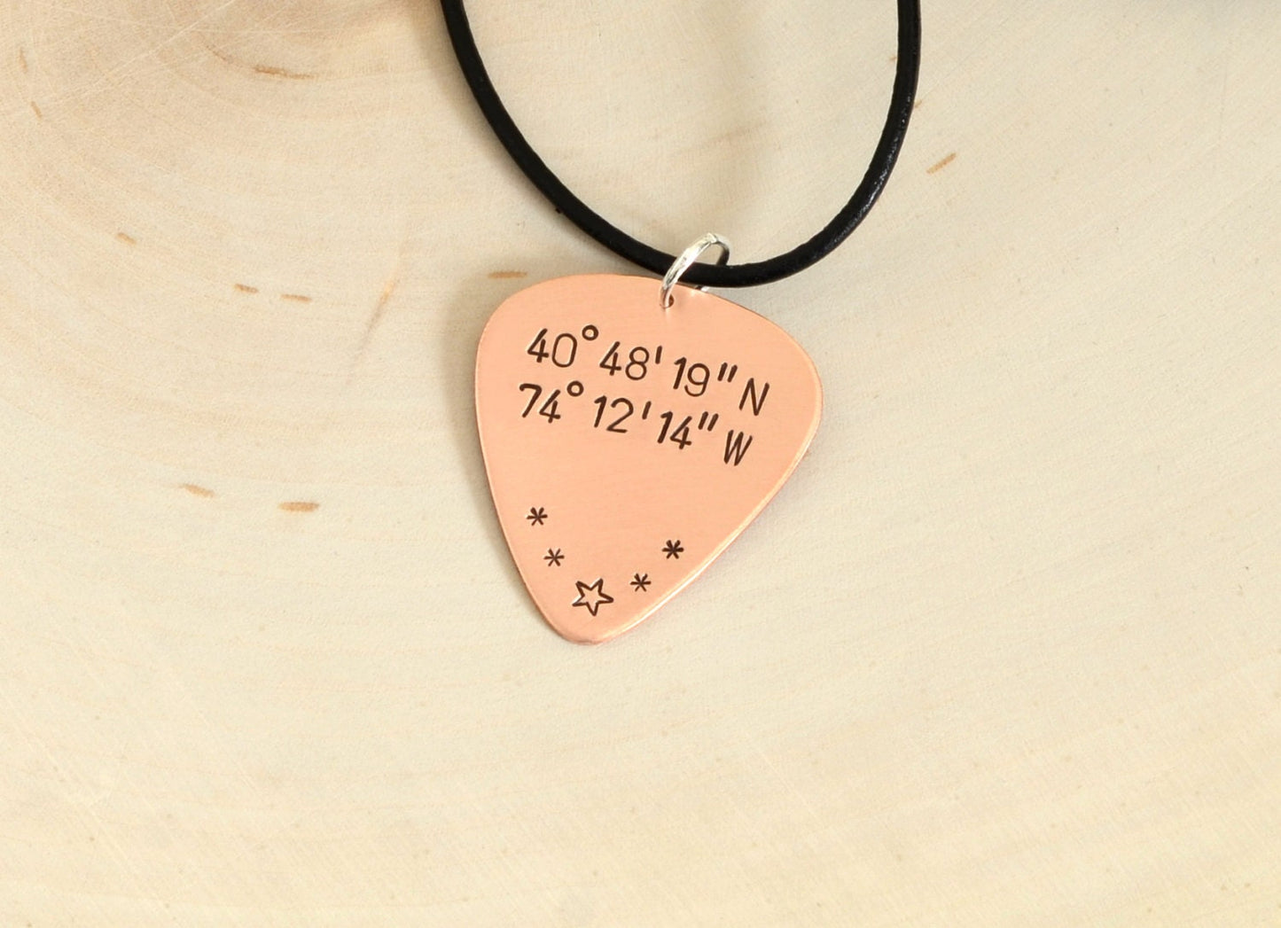 Personalized Latitude Longitude Coordinates on Guitar Pick Necklace in Copper