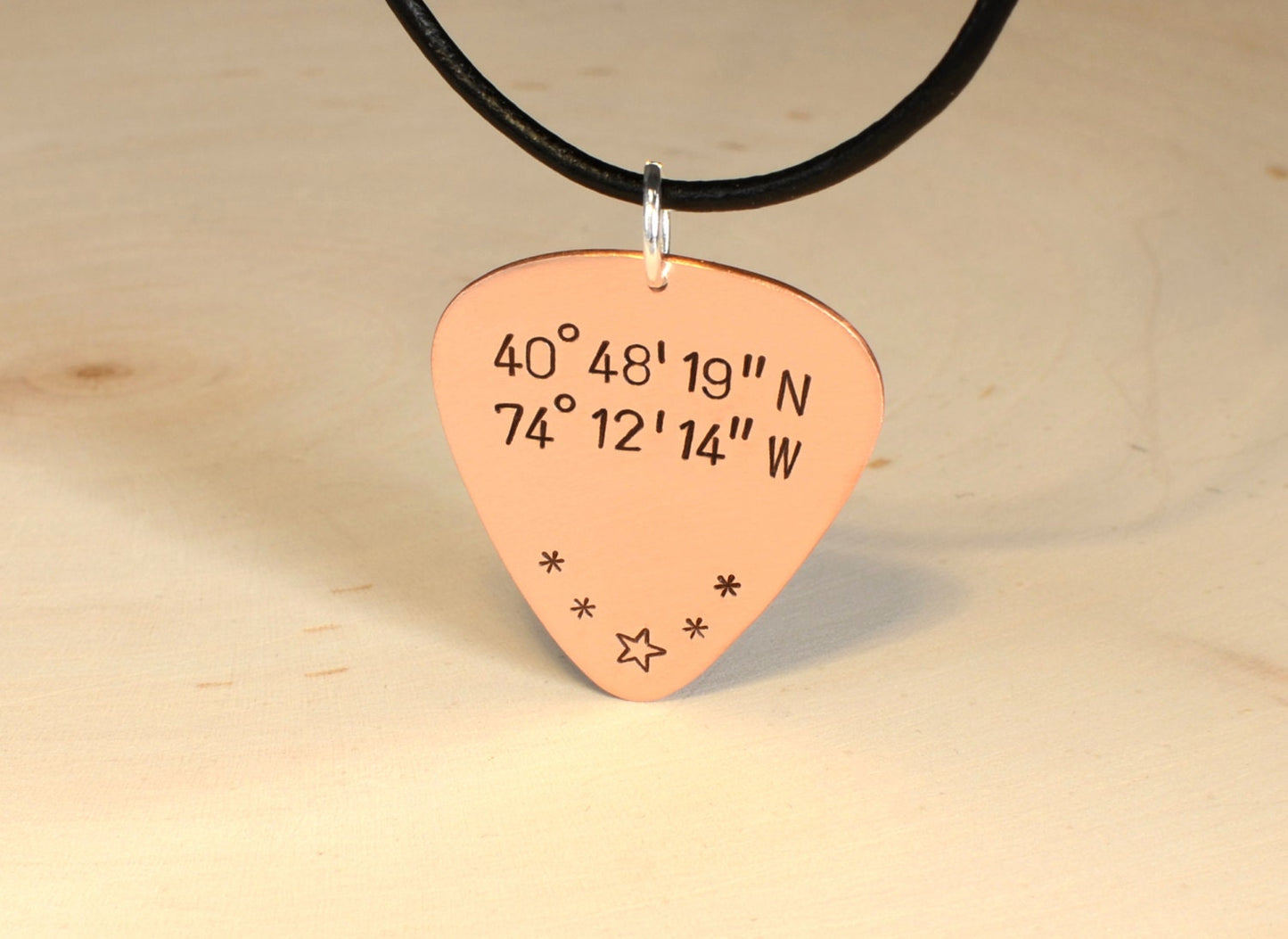 Personalized Latitude Longitude Coordinates on Guitar Pick Necklace in Copper