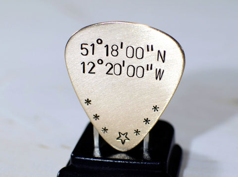 Guitar Pick in Bronze with Latitude and Longitude, NiciArt 