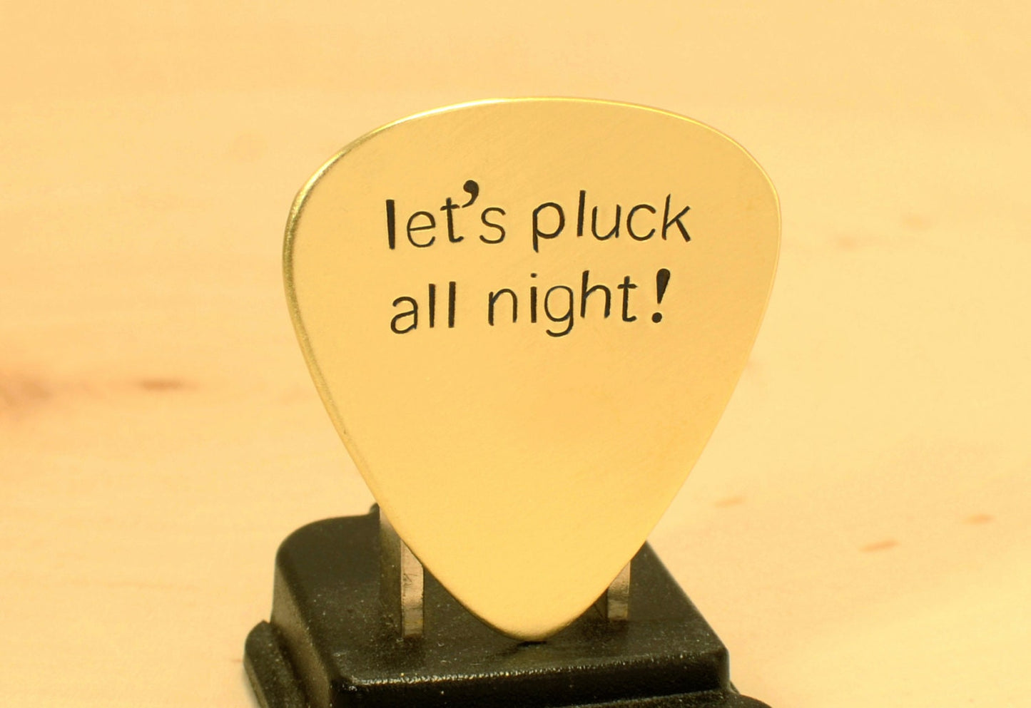 Let's Pluck All Night Guitar Pick in Brass