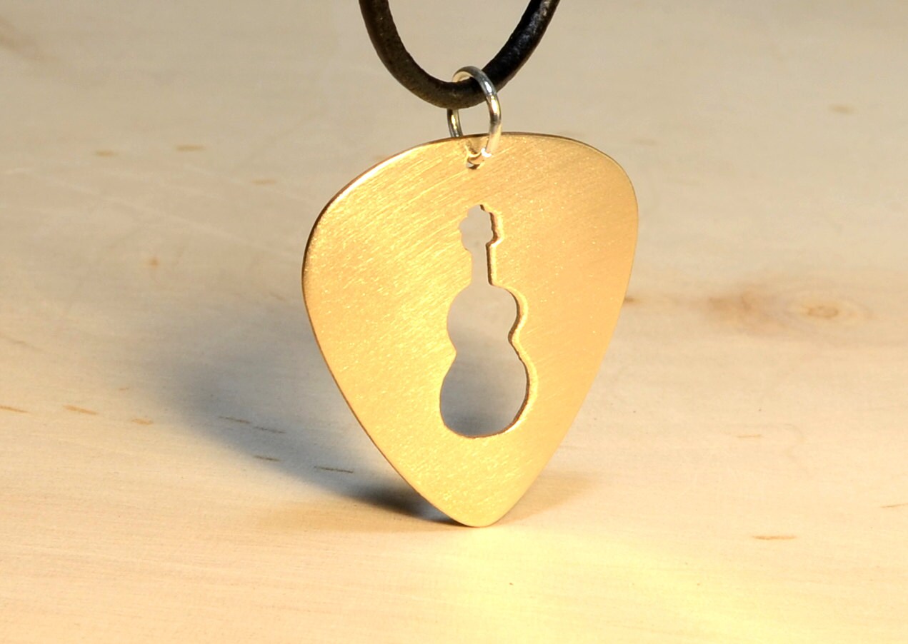 14 K solid yellow gold Guitar Pick Necklace with Handsawed Guitar Cut Out and Space to Personalize