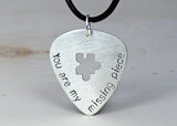 You are my missing piece sterling silver guitar pick necklace with a puzzle cut out, NiciArt 
