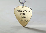 Bronze guitar pick pendant handmade with When words fail music speaks, NiciArt 