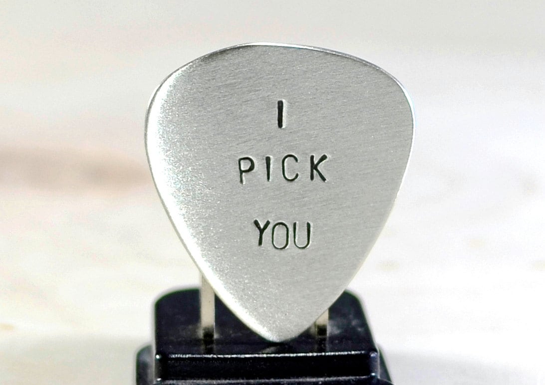 Sterling silver guitar pick with I pick you