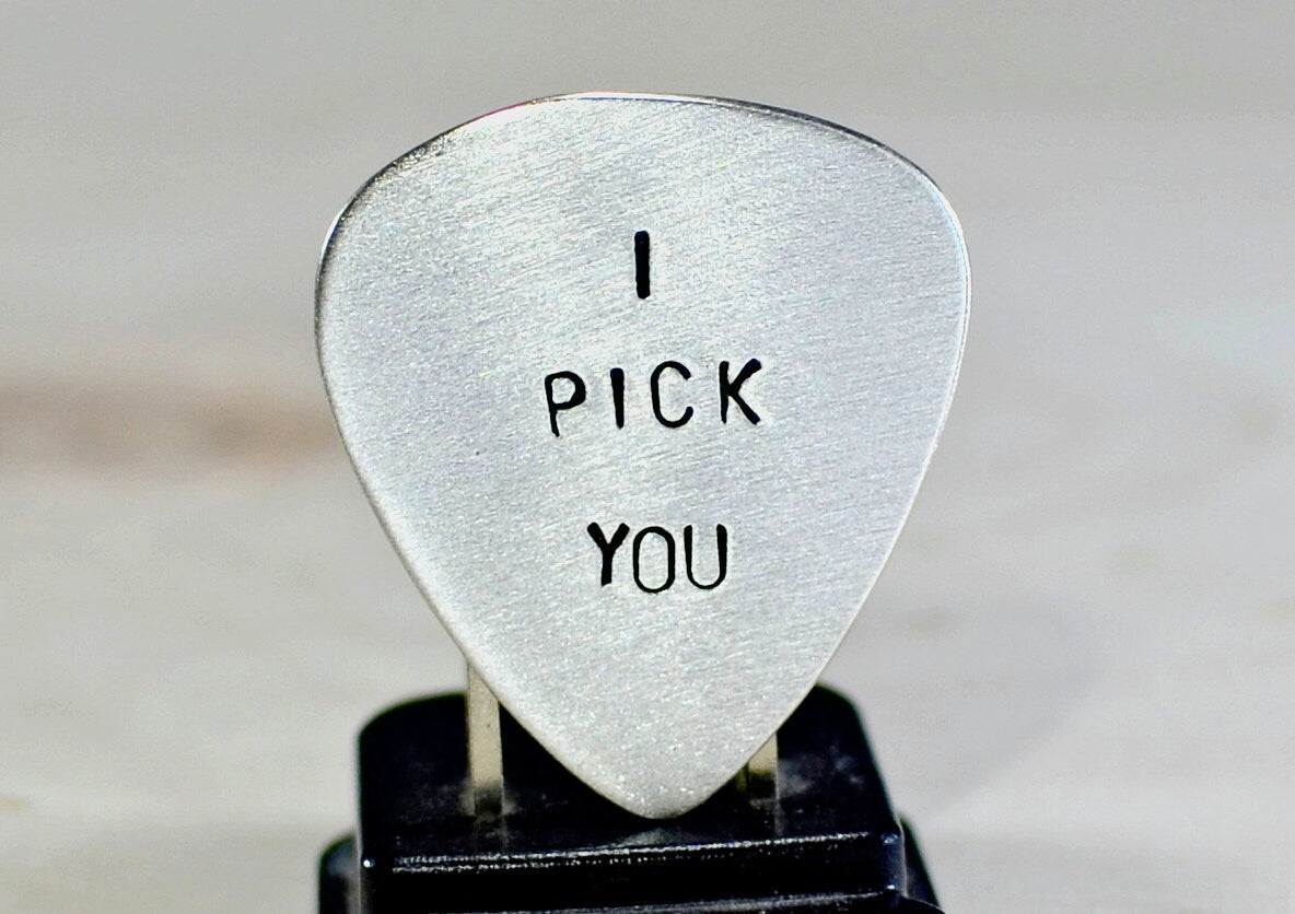 Sterling silver guitar pick with I pick you