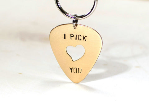 Guitar Pick Key Chain in Bronze with Heart Cut Out and I Pick You, NiciArt 