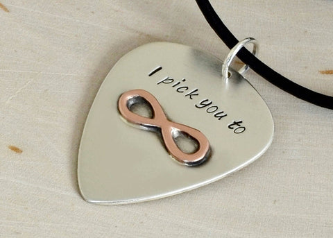 Sterling Silver Guitar Pick Necklace with Copper Infinity and I Pick You, NiciArt 