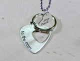 Couples sterling silver guitar pick keychain with matching heart necklace, NiciArt 