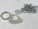 Couples sterling silver guitar pick keychain with matching heart necklace, NiciArt 