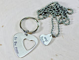 Couples sterling silver guitar pick keychain with matching heart necklace, NiciArt 