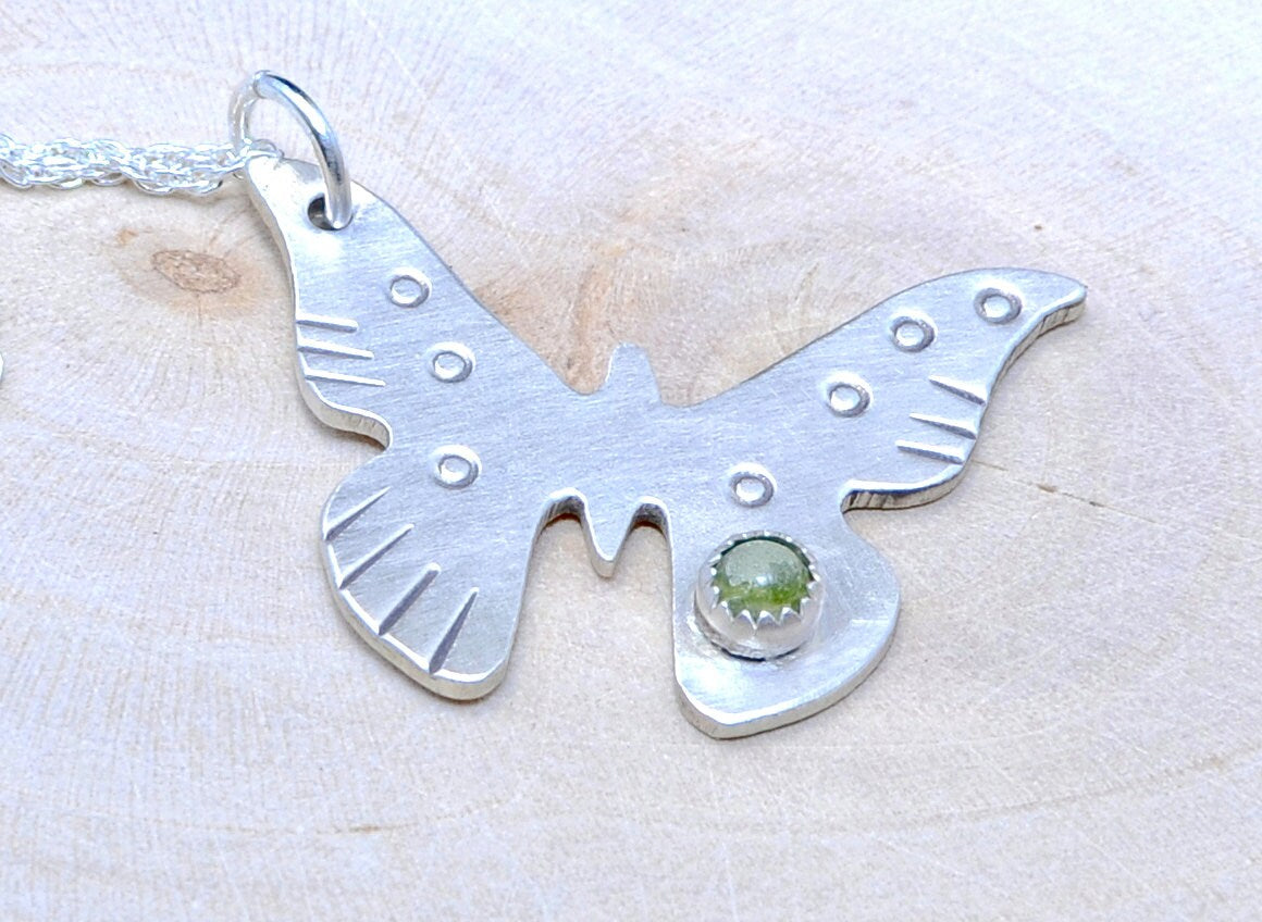 Sterling silver butterfly dainty necklace with Green Peridot or custom stones