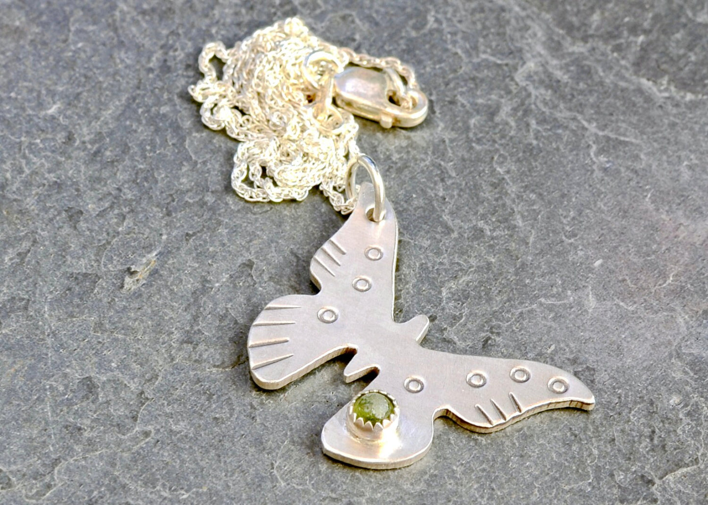 Sterling silver butterfly dainty necklace with Green Peridot or custom stones
