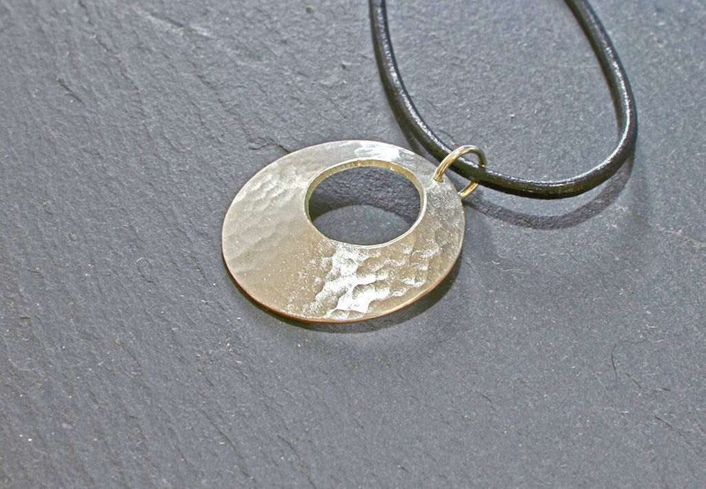 Sterling Silver Disc Necklace Handmade with Cutout and Hammered Patterning