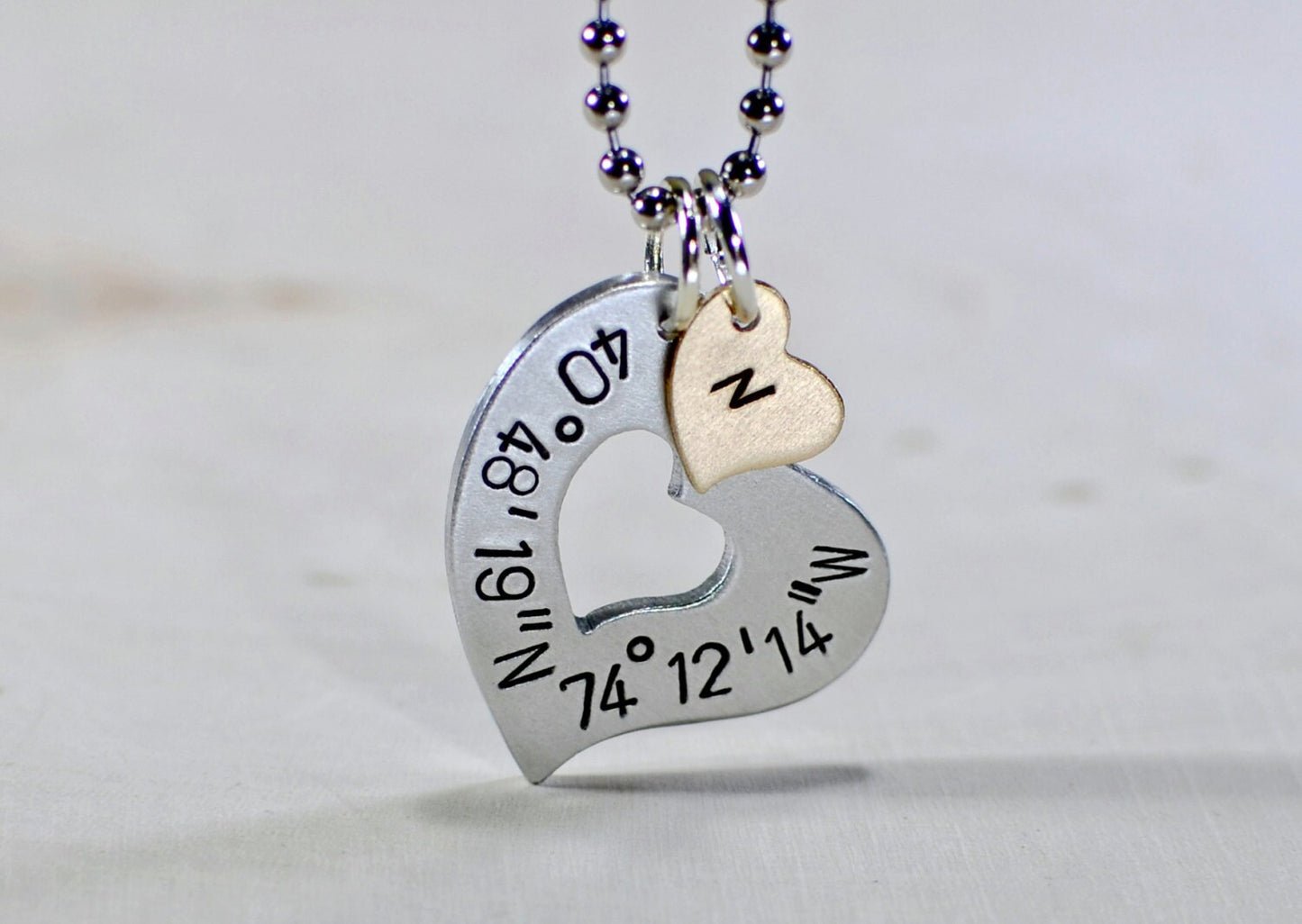 Latitude longitude sterling silver heart with your coordinates and personalized solid 14k gold heart charm