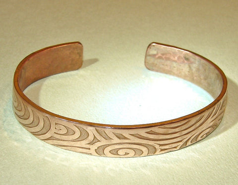 Copper cuff bracelet with hammered swirl design, NiciArt 