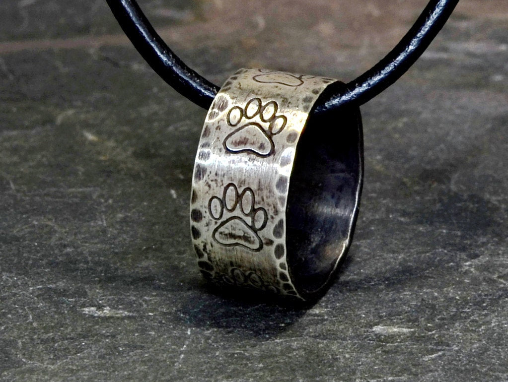 Hammered sterling silver paw ring necklace with rustic dark patina