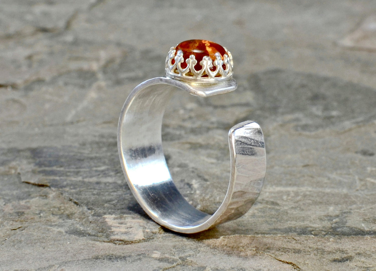 Sterling Silver Ring with Citrine Stone and Handcrafted Hammered Band