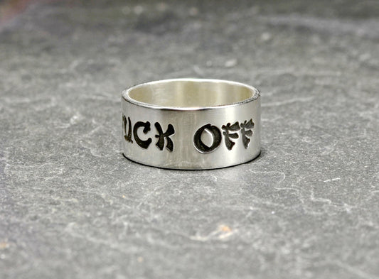 F'ck off sterling silver ring in Geisha font