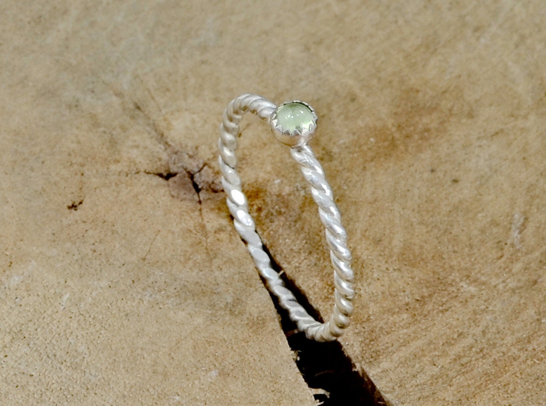 Dainty Twisted Sterling Silver Wire Ring with Green Peridot Gemstone for Stacking