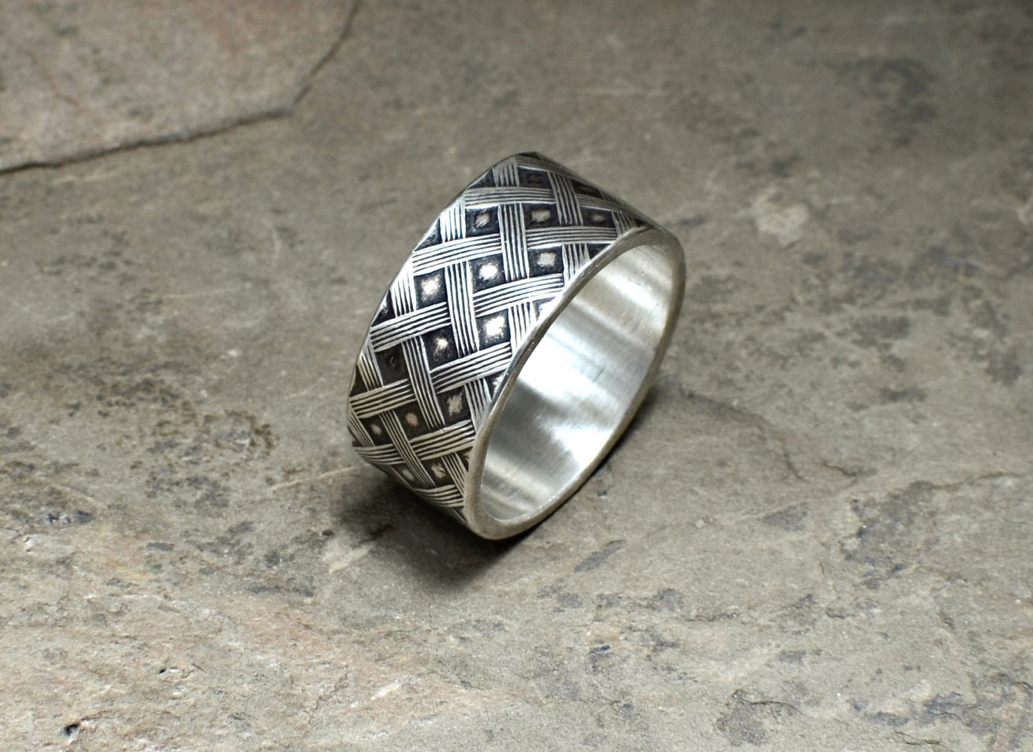 Sterling silver weave ring with dark patina for shadowing and highlighting the design