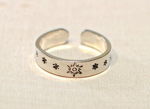Sterling Silver adjustable toe ring or finger ring with sunburst and stars, NiciArt 