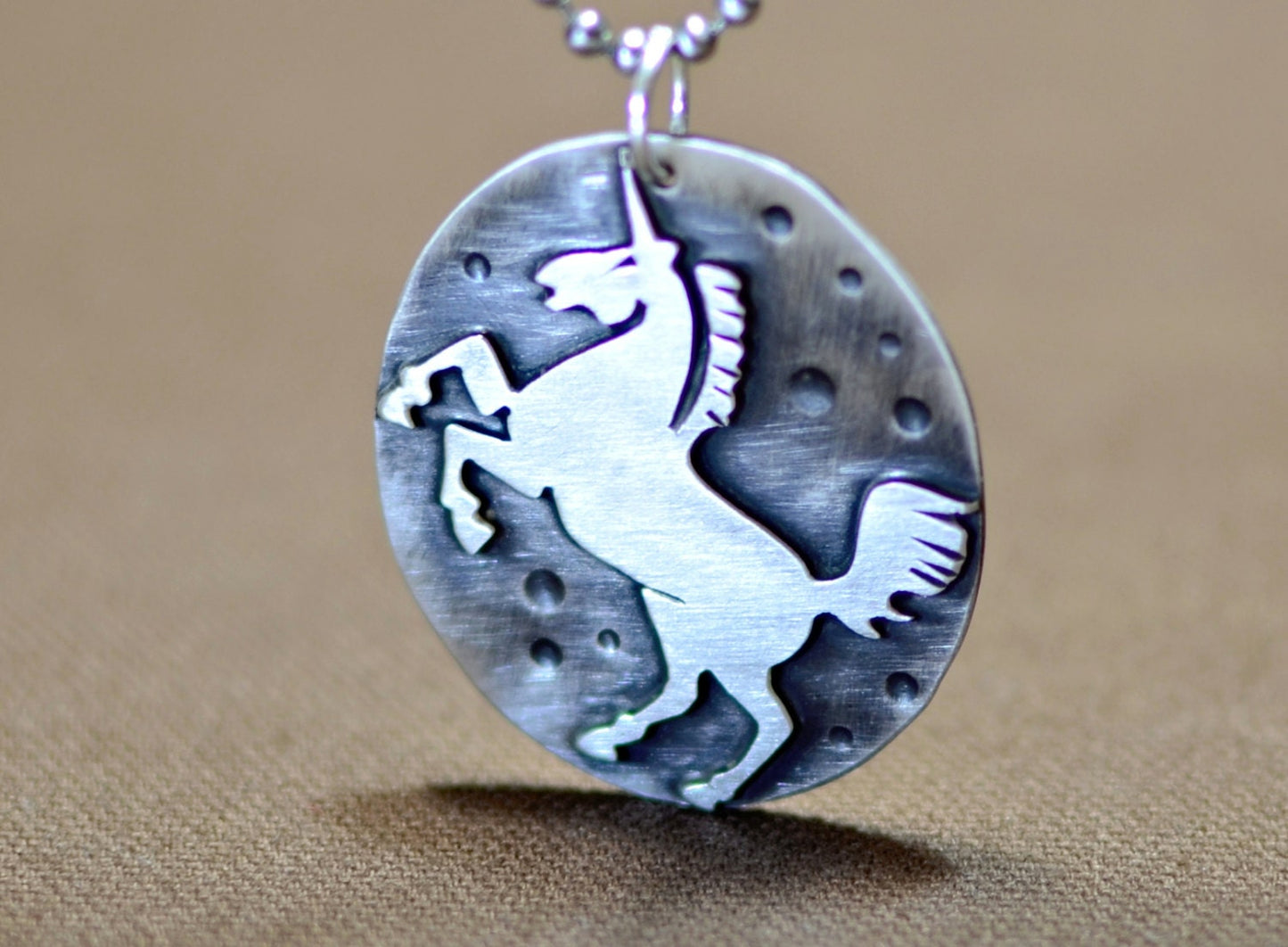 Sterling Silver Unicorn Disc Necklace with antiqued Patinas