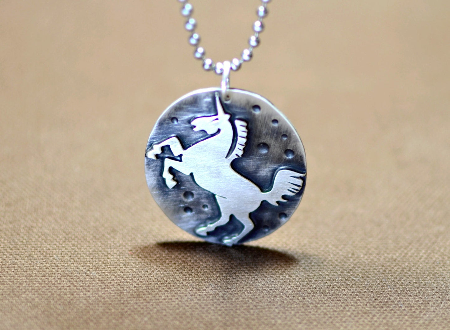 Sterling Silver Unicorn Disc Necklace with antiqued Patinas
