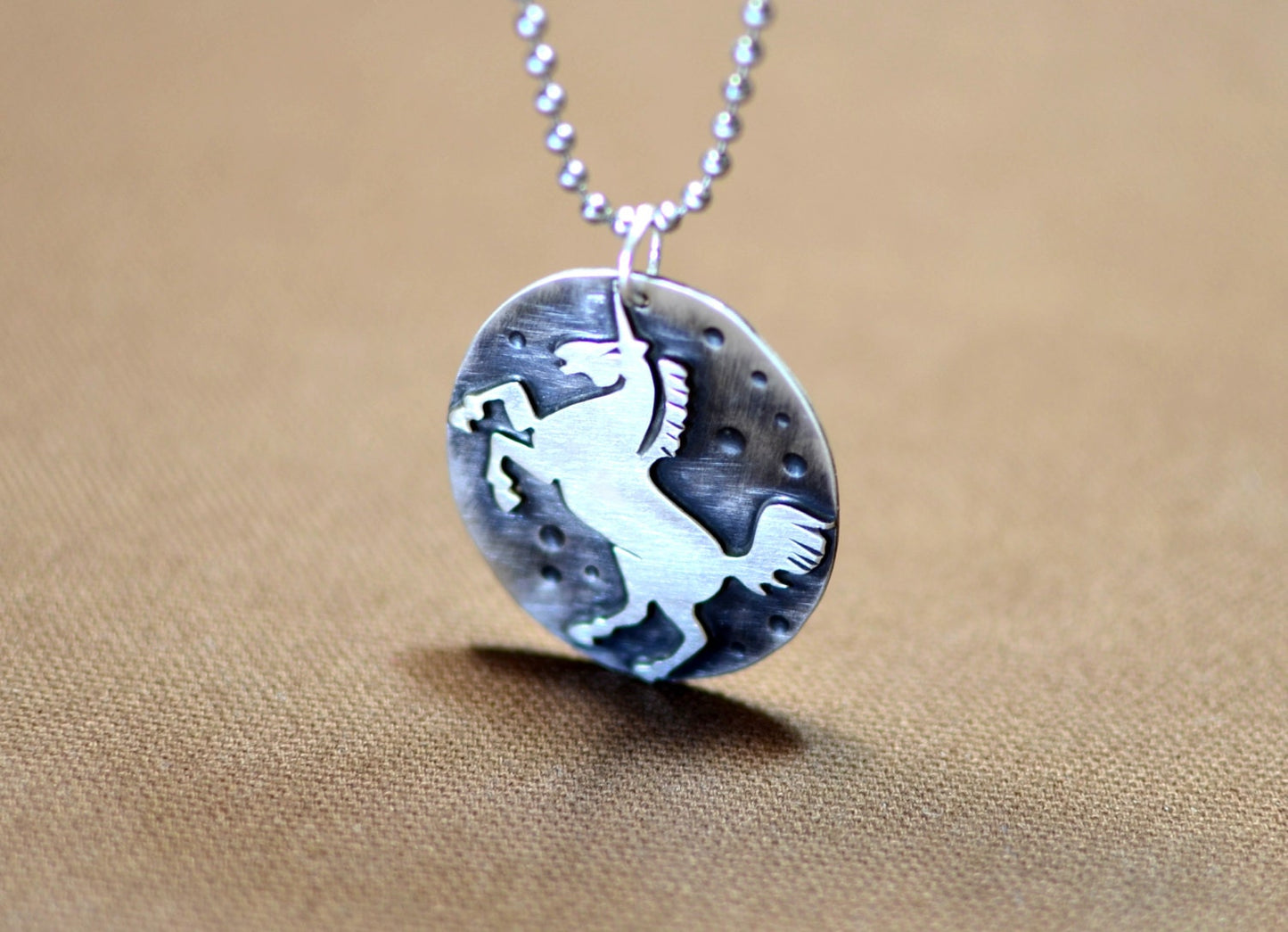 Sterling Silver Unicorn Disc Necklace with antiqued Patinas