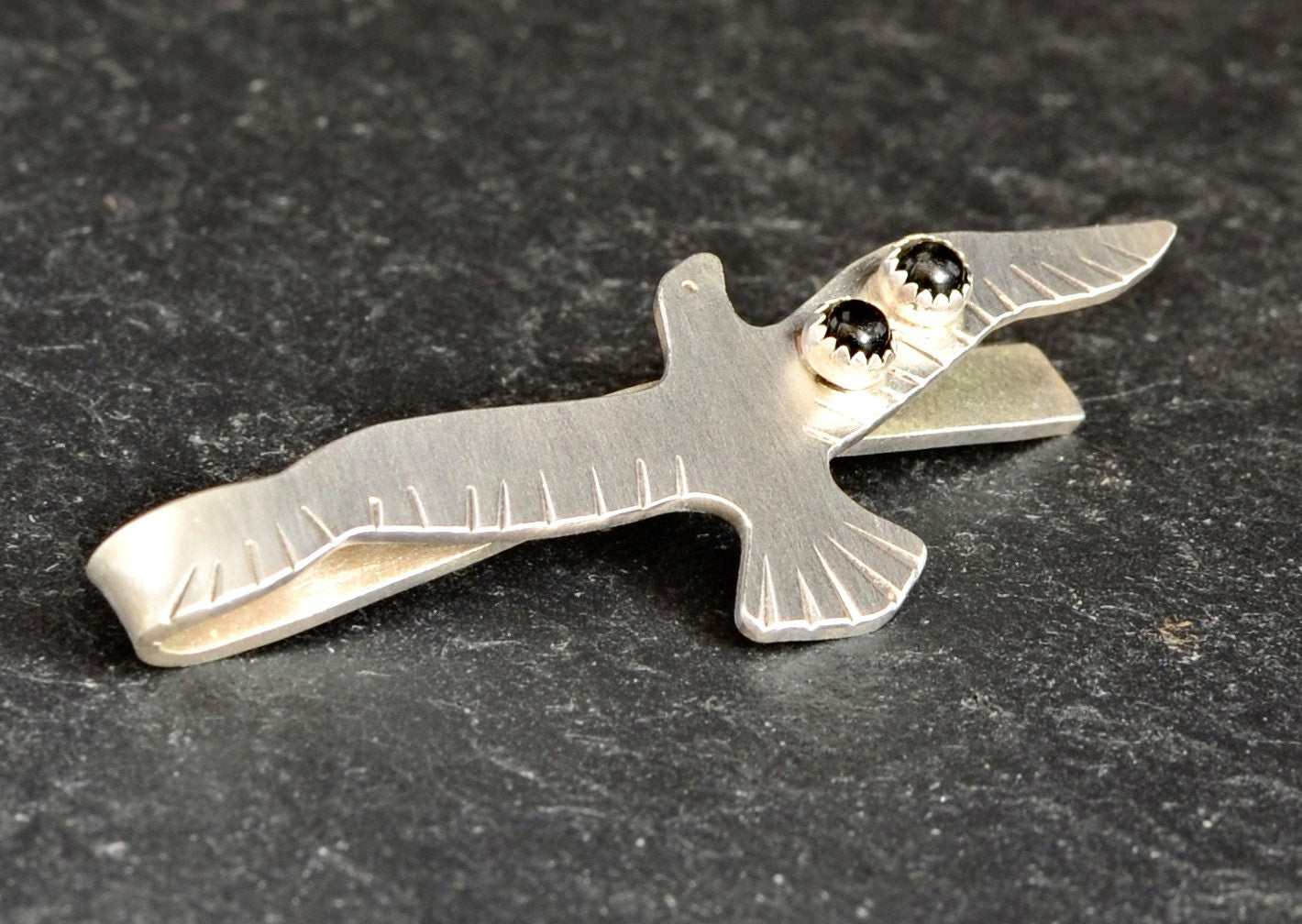 Handcrafted Bird Sterling Silver Tie clip with Black Onyx