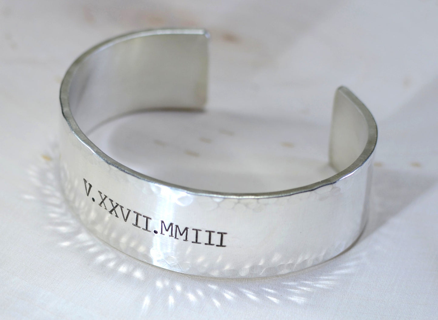 Chunky Style Roman Numeral Sterling Silver Bracelet with Hammered Edges