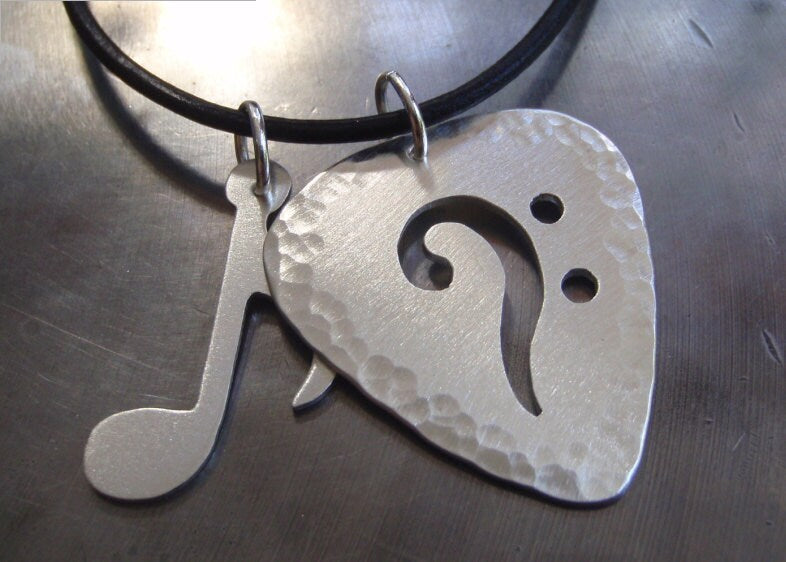 Sterling silver Music note and bass clef guitar pick necklace