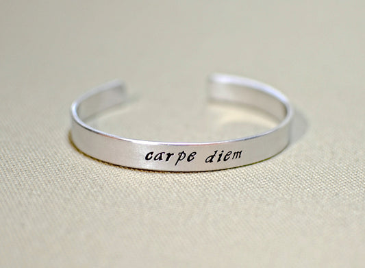 Cuff bracelet with carpe diem in your choice of metals