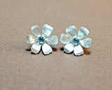 Elegant flower earrings in sterling silver with blue topaz, NiciArt 