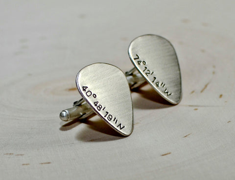 Latitude longitude guitar pick sterling silver cuff links, NiciArt 