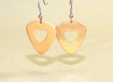 Bronze guitar pick earrings with heart cut outs, NiciArt 