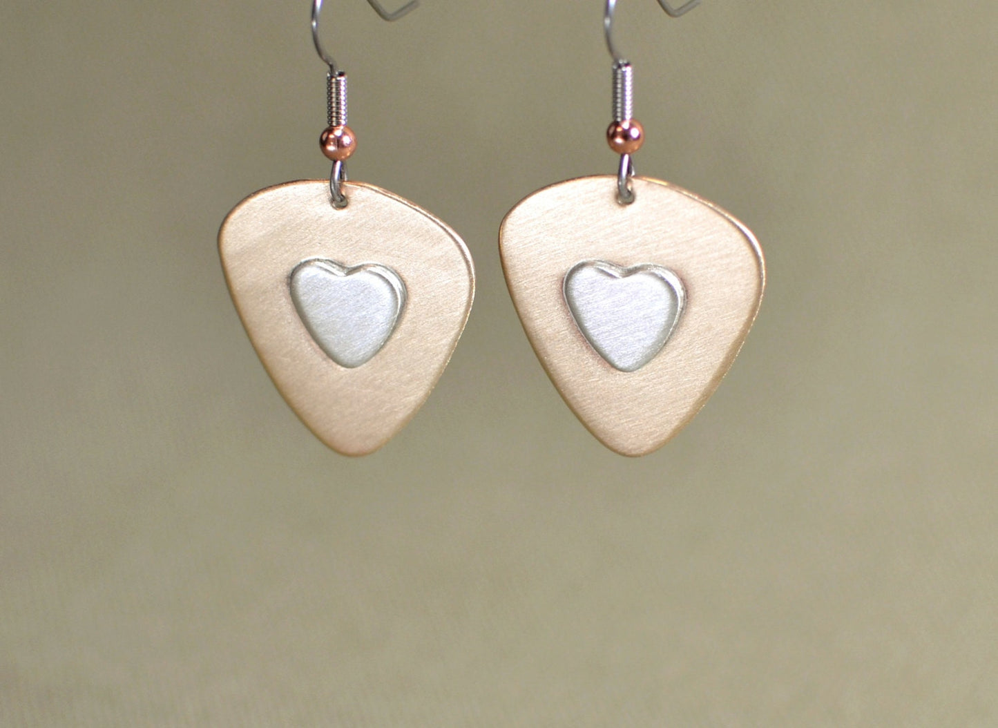 Guitar pick dangle earrings with sterling silver hearts