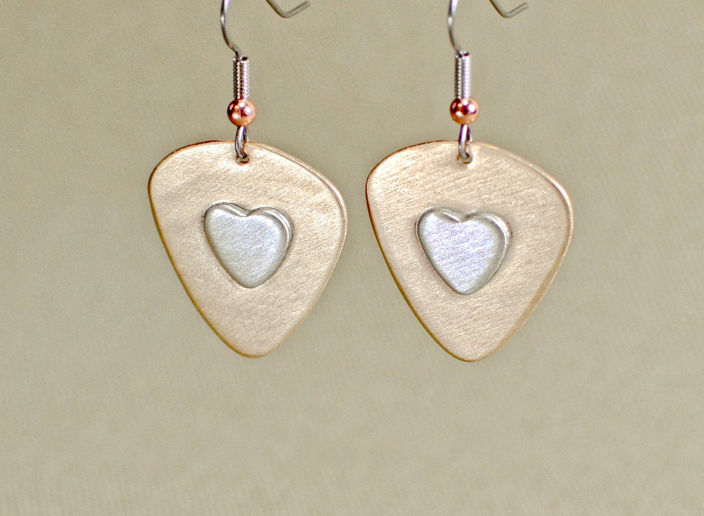 Guitar pick dangle earrings with sterling silver hearts