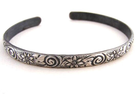 Sterling Silver Flower Pattern Cuff Bracelet with Spiral Flower Design - Solid 925 BR4012