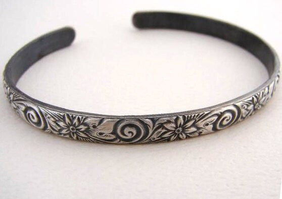 Sterling Silver Flower Pattern Cuff Bracelet with Spiral Flower Design - Solid 925 BR4012