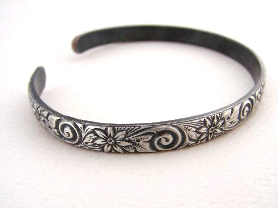 Sterling Silver Flower Pattern Cuff Bracelet with Spiral Flower Design - Solid 925 BR4012