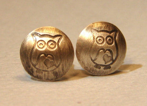 Sterling Silver Owl Stud Earrings with Little Hearts Handmade with Extra Hoot, NiciArt 