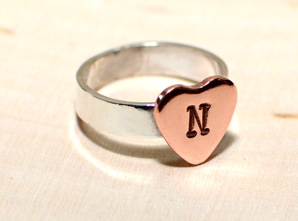 Personalized copper heart on sterling silver band
